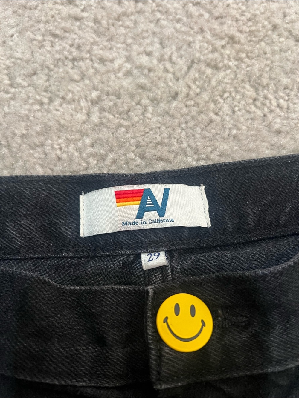 Aviator Nation Keep Smiling Mid Rise Smiley Face Jean Denim Shorts Vintage Black - Picture 9 of 13